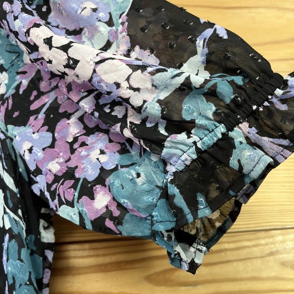 Torrid 1 Ruffle Kimono Shirt Floral Swiss Dot Black Purple SS Sheer boho B84 - Picture 6 of 16